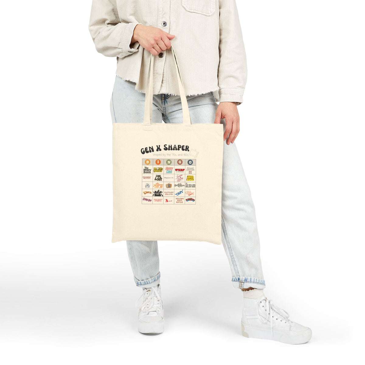 Gen X 70s & 80s TV Shows Bingo Tote Bag | Retro Canvas Bag
