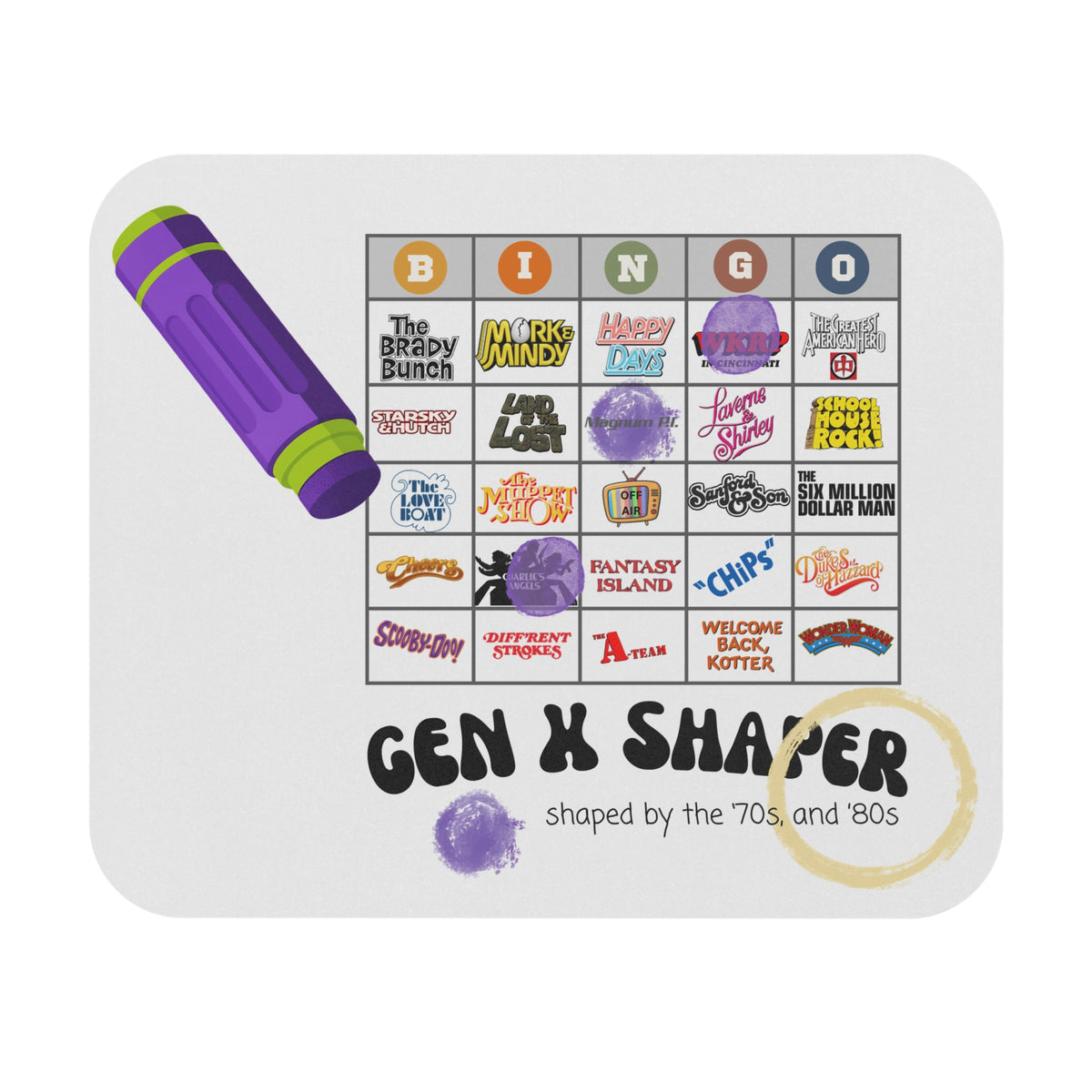Gen X 70s & 80s TV Shows Bingo Mouse Pad | Retro Desk Accessory