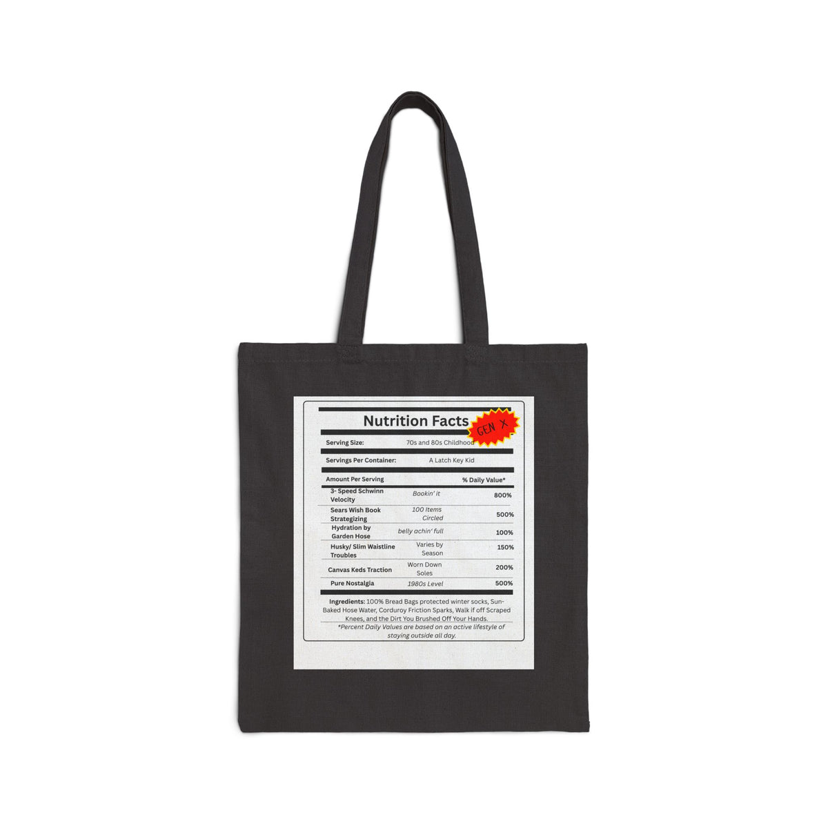 Gen X Nutrition Facts Tote Bag | Retro Canvas Bag