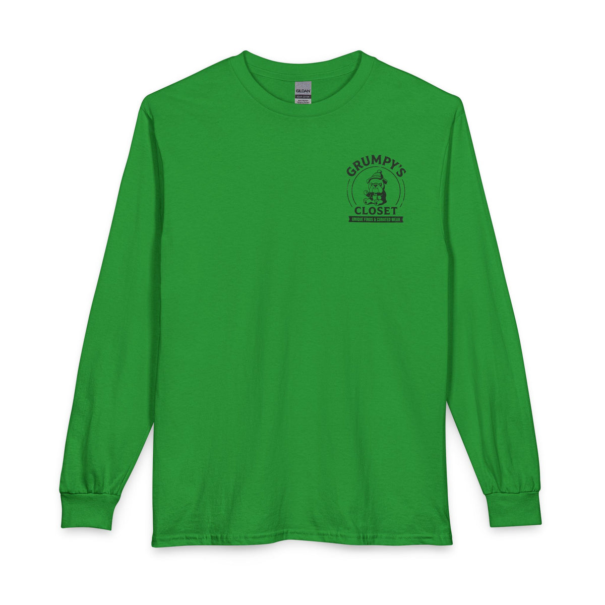 Grumpy's Closet Long Sleeve Tee — Vintage Bulldog Logo, 'Unique Finds & Curated Wear'