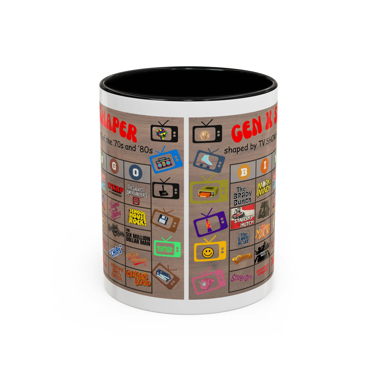 Gen X 70s & 80s TV Shows Bingo Mug | 11 oz Retro Accent Cup