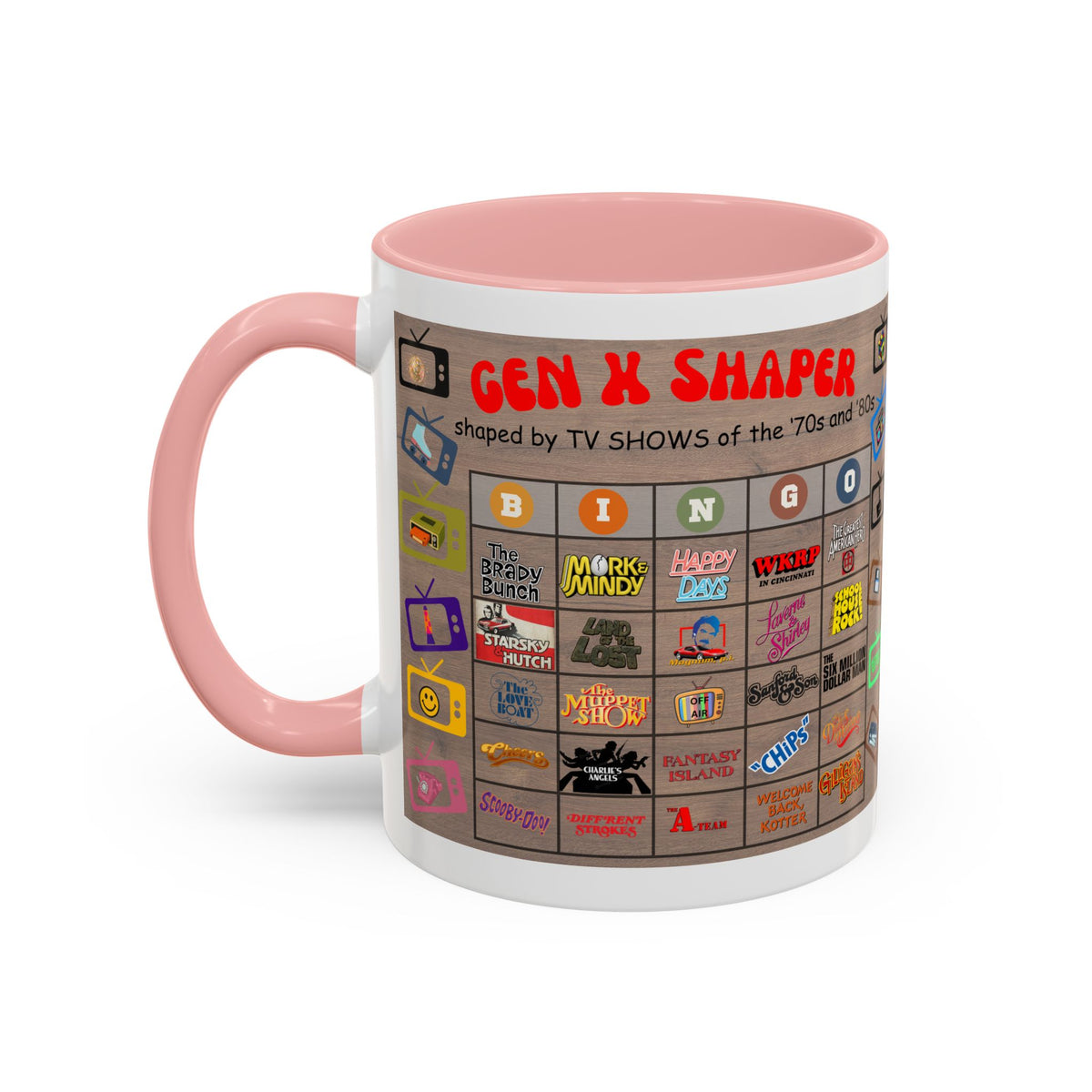 Gen X 70s & 80s TV Shows Bingo Mug | 11 oz Retro Accent Cup