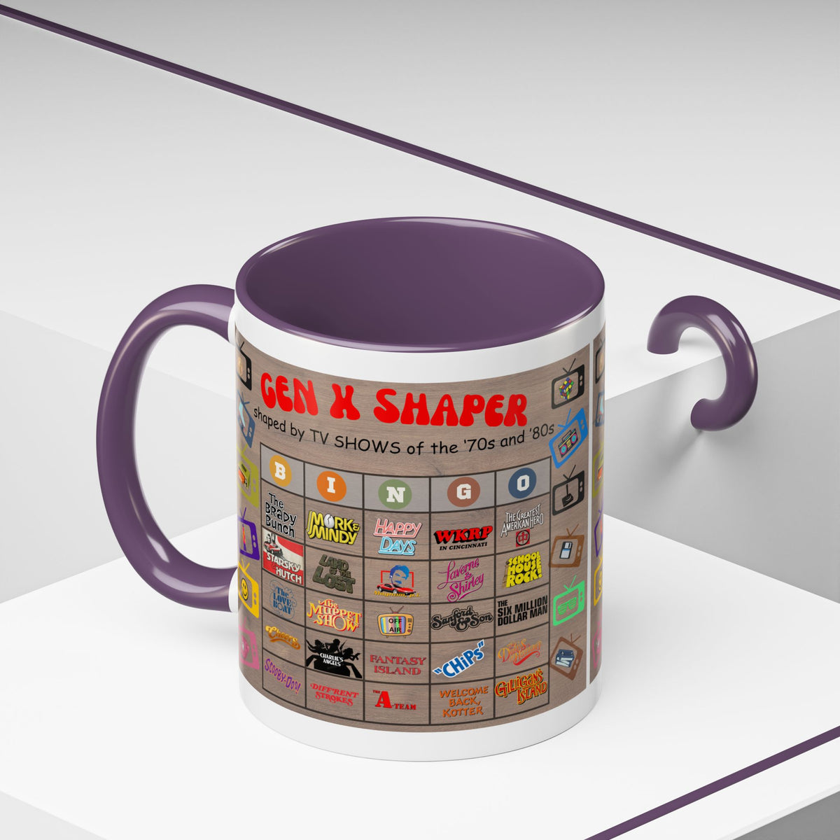Gen X 70s & 80s TV Shows Bingo Mug | 11 oz Retro Accent Cup