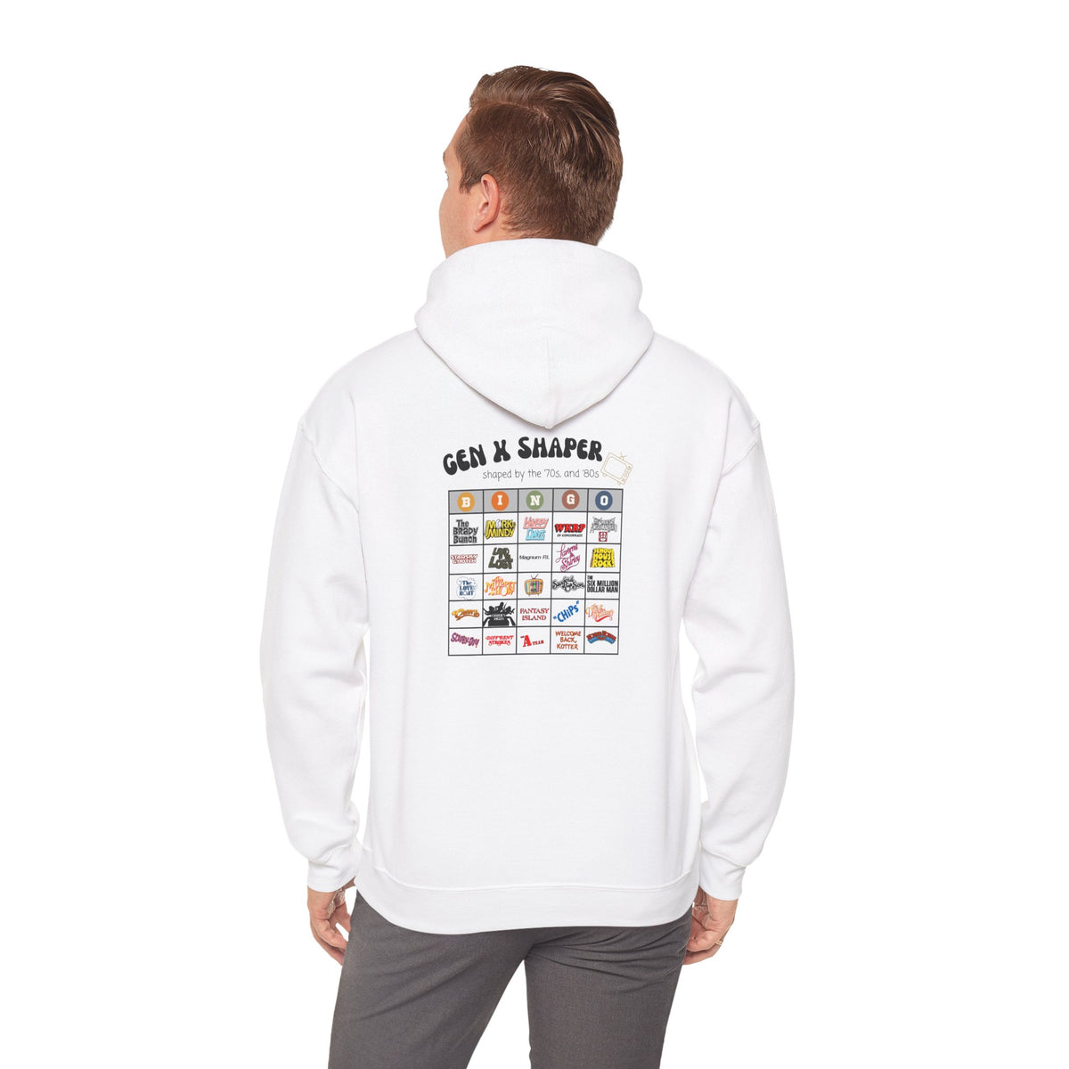Gen X 70s & 80s TV Shows Bingo Hoodie | Retro Nostalgia Sweatshirt