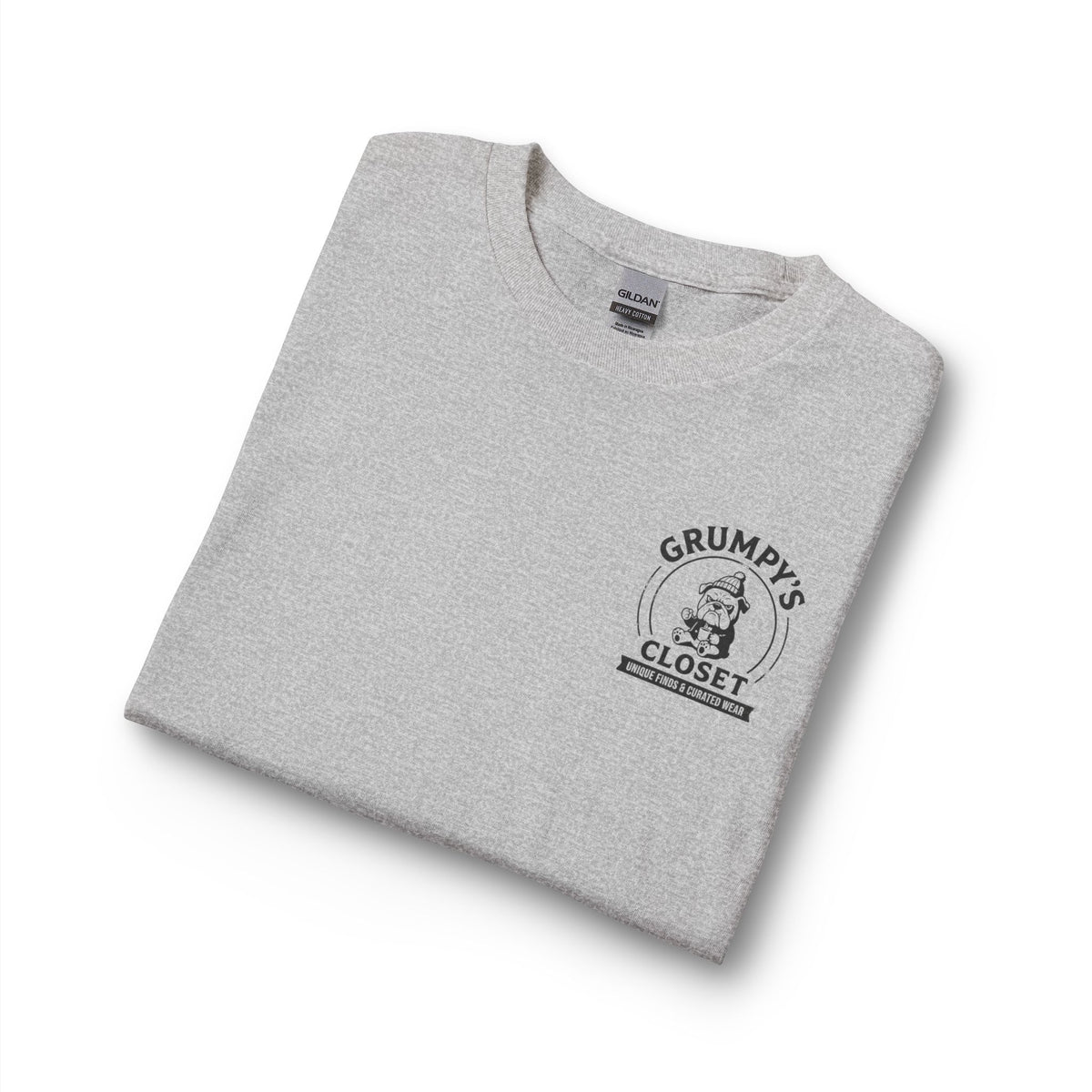 Grumpy's Closet Long Sleeve Tee — Vintage Bulldog Logo, 'Unique Finds & Curated Wear'