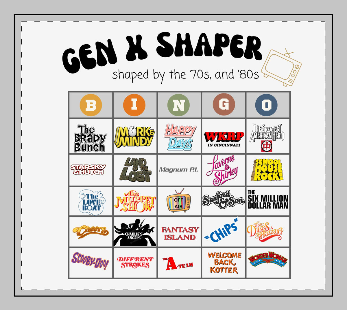 Gen X 70s & 80s TV Shows Bingo Desk Mat | Retro Office Decor
