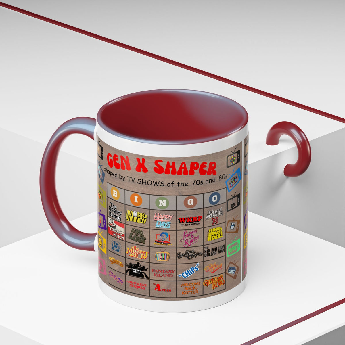 Gen X 70s & 80s TV Shows Bingo Mug | 11 oz Retro Accent Cup