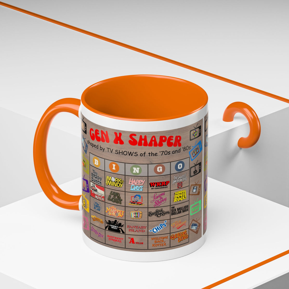 Gen X 70s & 80s TV Shows Bingo Mug | 11 oz Retro Accent Cup
