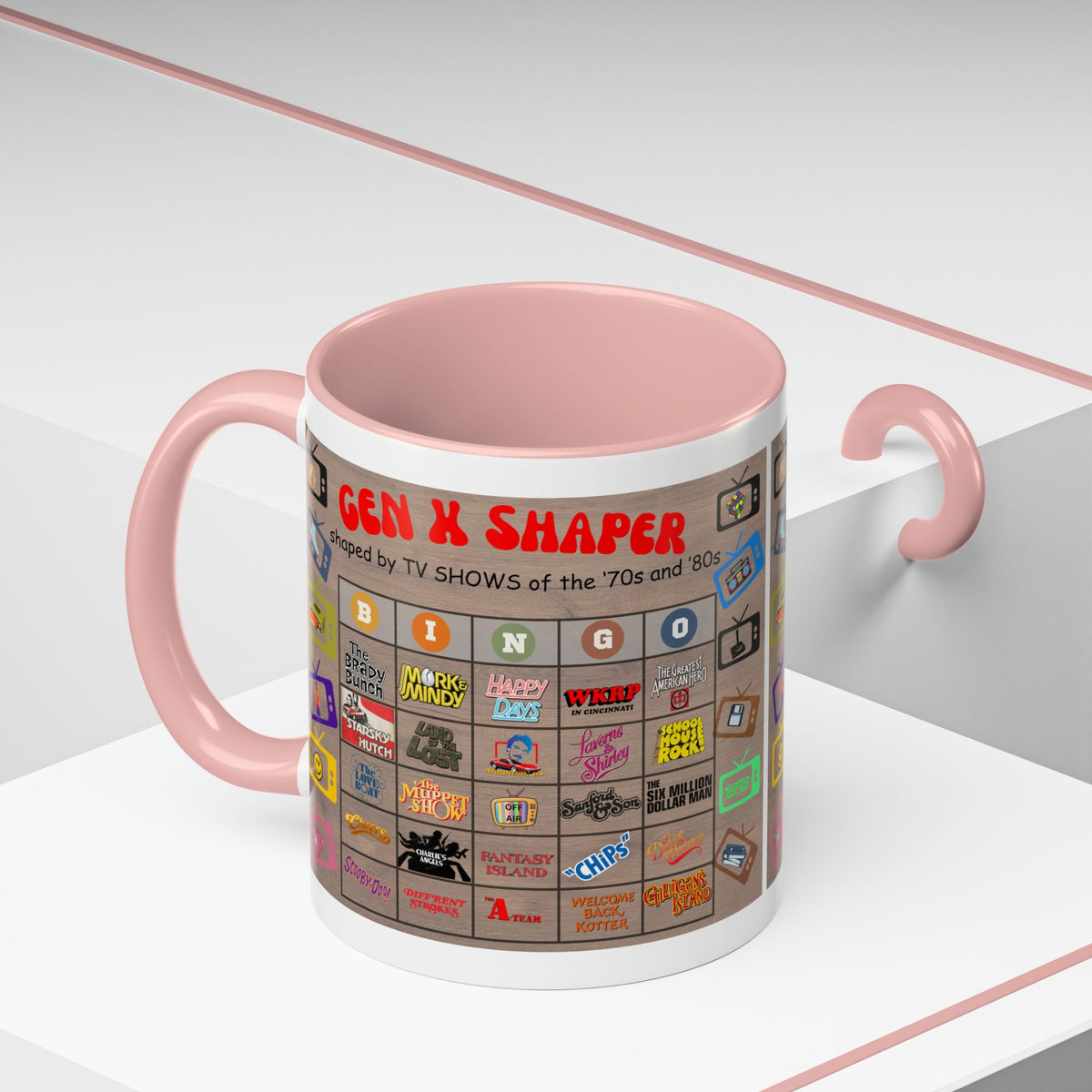 Gen X 70s & 80s TV Shows Bingo Mug | 11 oz Retro Accent Cup