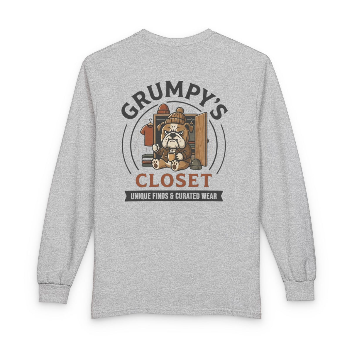 Grumpy's Closet Long Sleeve Tee — Vintage Bulldog Logo, 'Unique Finds & Curated Wear'