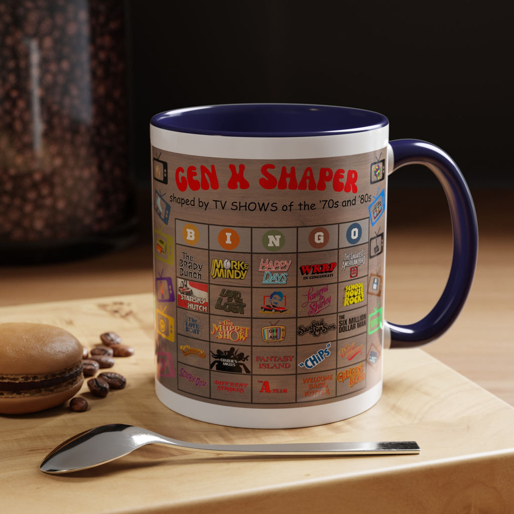 Gen X 70s & 80s TV Shows Bingo Mug | 11 oz Retro Accent Cup