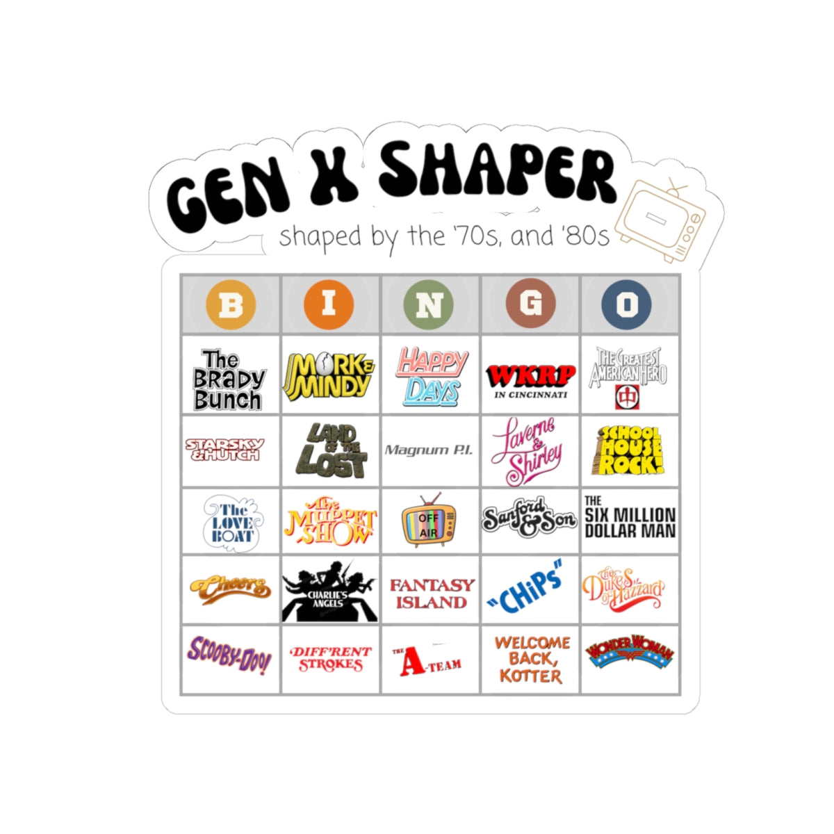 Gen X 70s & 80s TV Shows Bingo Stickers | Retro Nostalgia Decal