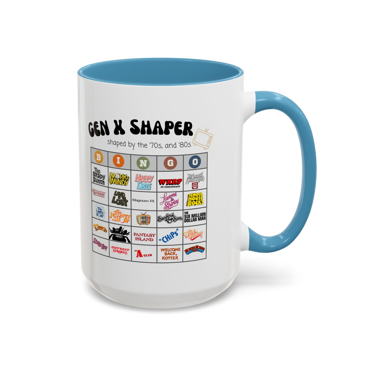 Gen X 70s & 80s TV Shows Bingo Mug | Retro Nostalgia Coffee Cup