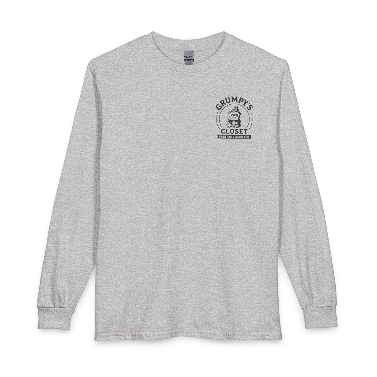 Grumpy's Closet Long Sleeve Tee — Vintage Bulldog Logo, 'Unique Finds & Curated Wear'