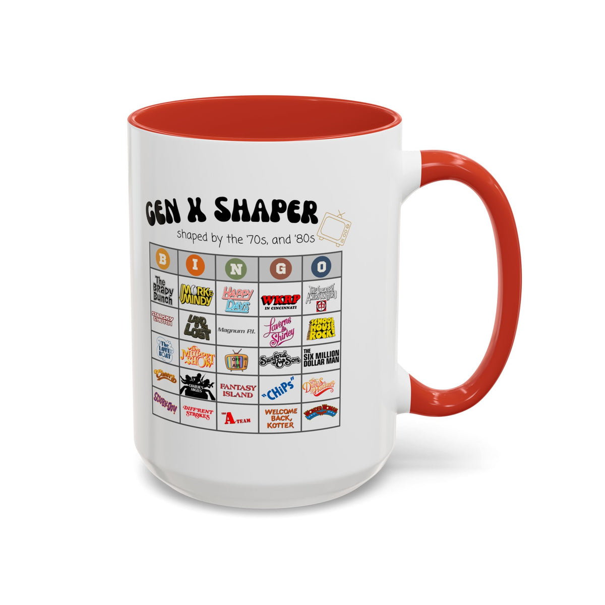 Gen X 70s & 80s TV Shows Bingo Mug | Retro Nostalgia Coffee Cup