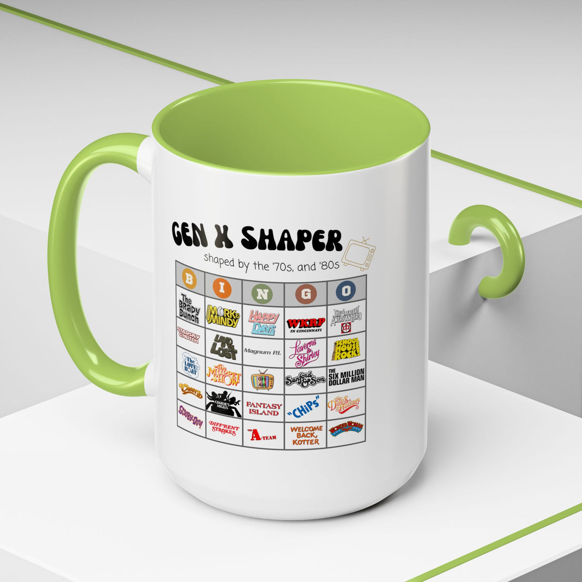 Gen X 70s & 80s TV Shows Bingo Mug | Retro Nostalgia Coffee Cup