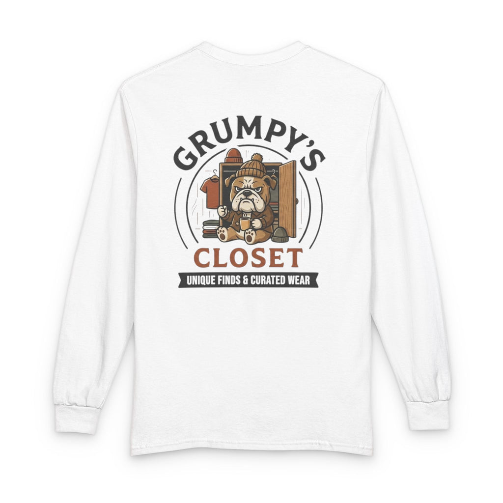 Grumpy's Closet Long Sleeve Tee — Vintage Bulldog Logo, 'Unique Finds & Curated Wear'