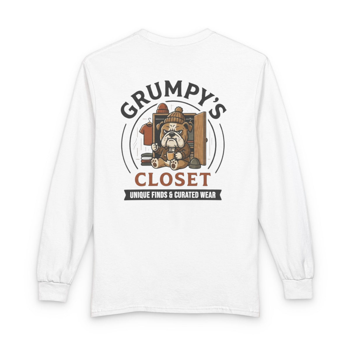 Grumpy's Closet Long Sleeve Tee — Vintage Bulldog Logo, 'Unique Finds & Curated Wear'