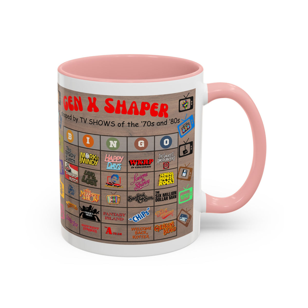 Gen X 70s & 80s TV Shows Bingo Mug | 11 oz Retro Accent Cup