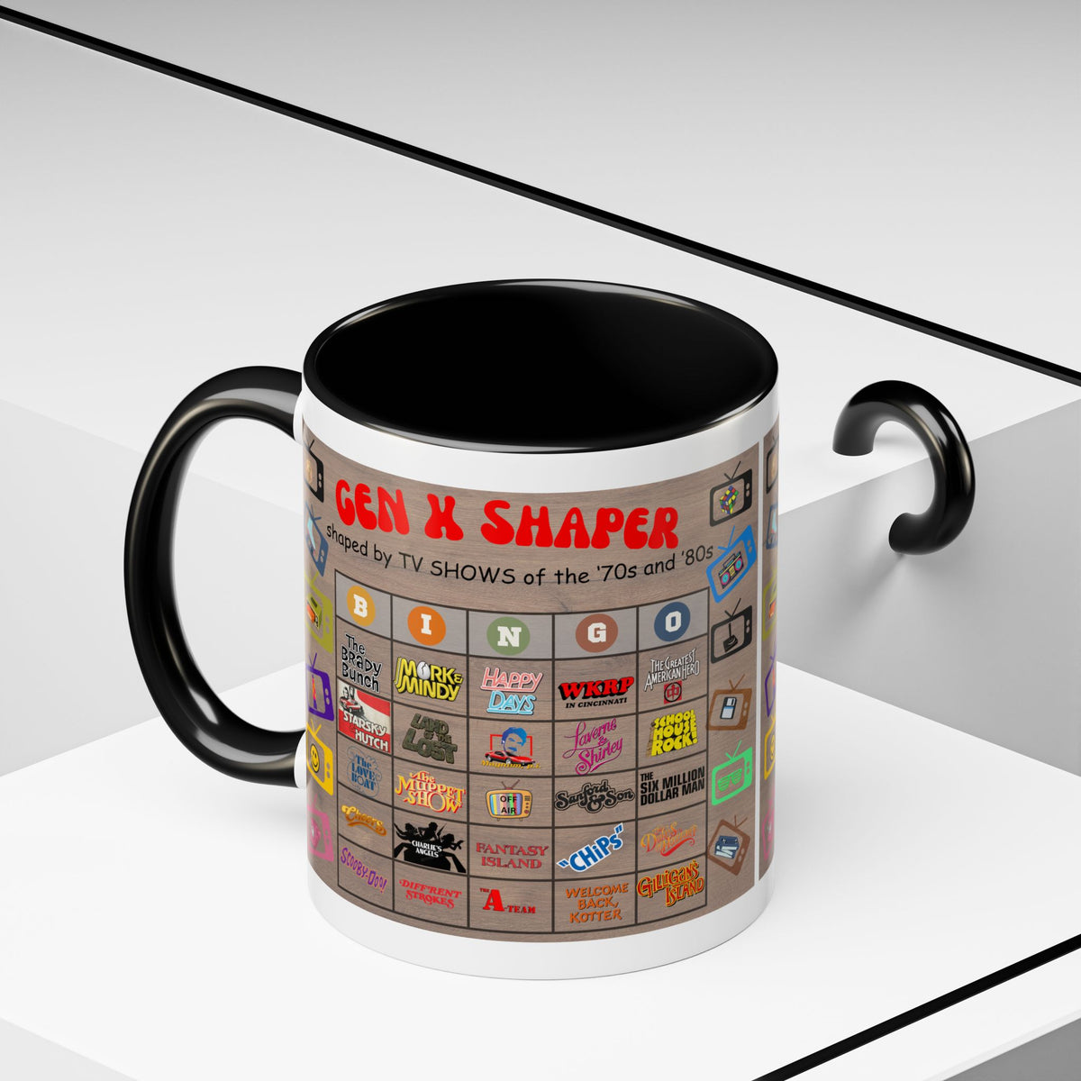 Gen X 70s & 80s TV Shows Bingo Mug | 11 oz Retro Accent Cup
