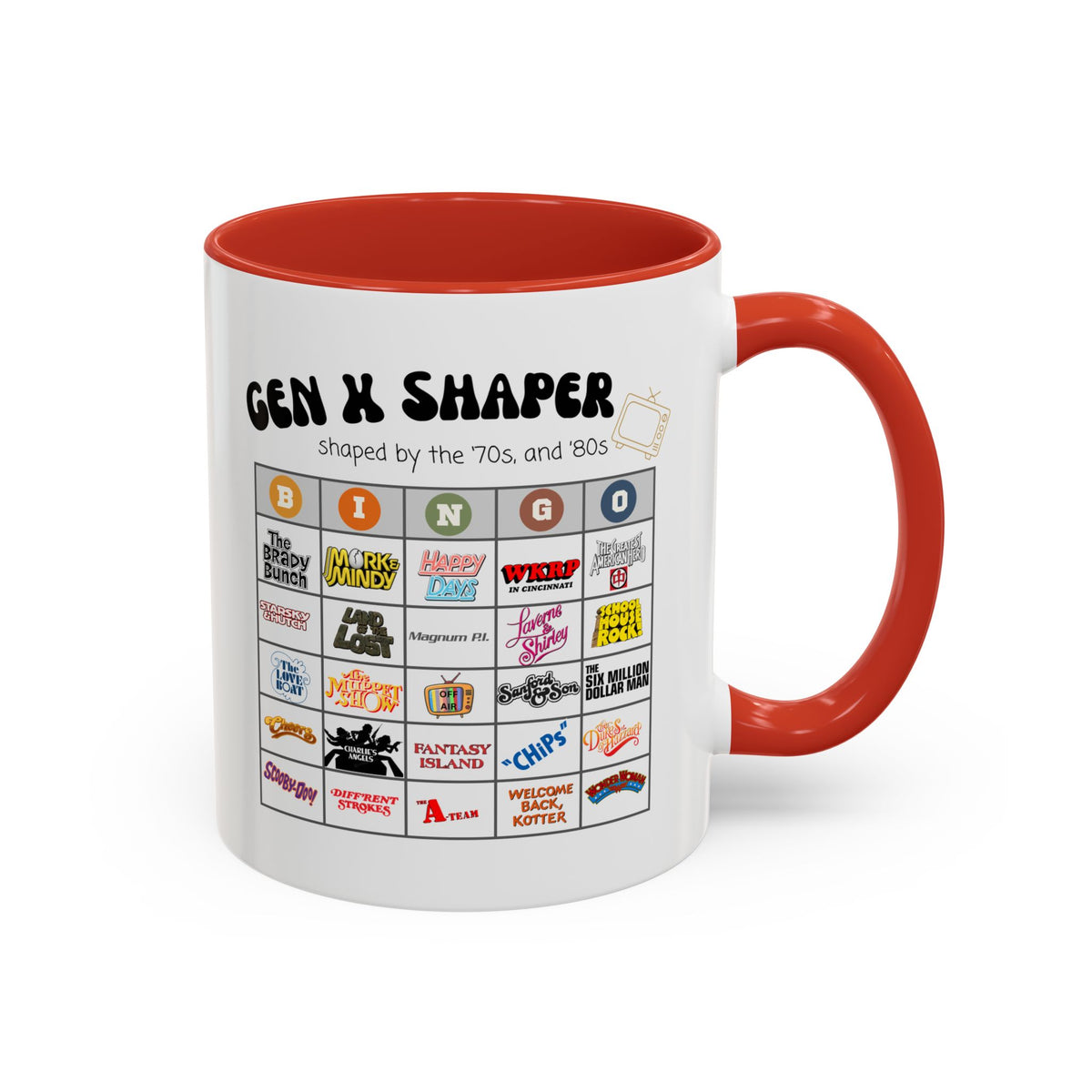 Gen X 70s & 80s TV Shows Bingo Mug | Retro Nostalgia Coffee Cup