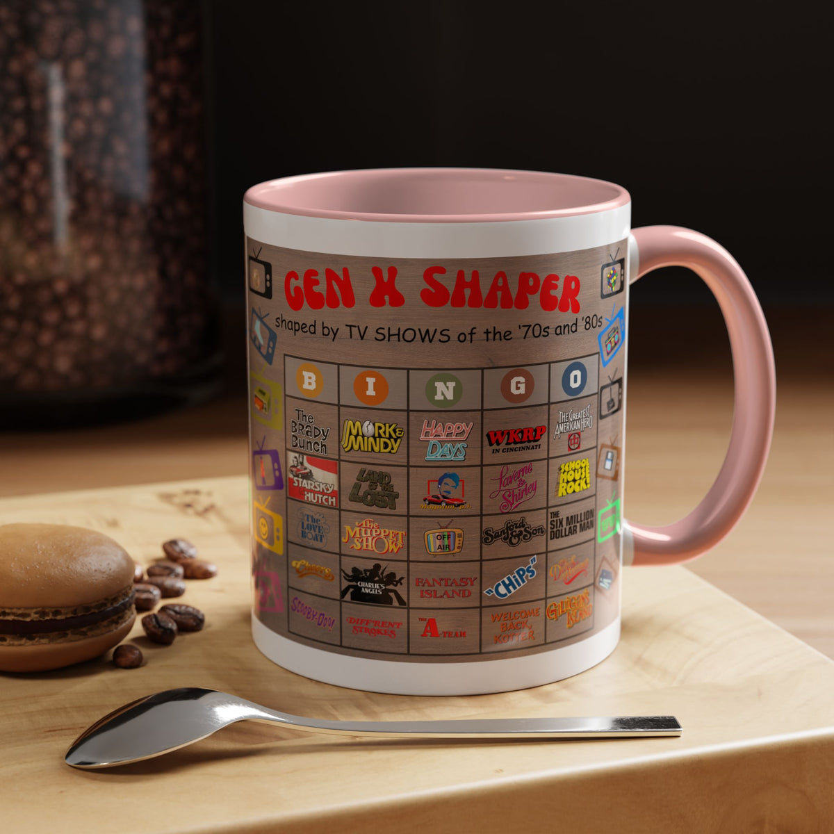 Gen X 70s & 80s TV Shows Bingo Mug | 11 oz Retro Accent Cup