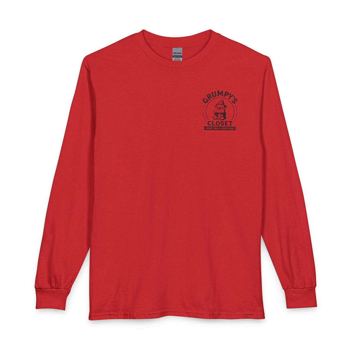 Grumpy's Closet Long Sleeve Tee — Vintage Bulldog Logo, 'Unique Finds & Curated Wear'