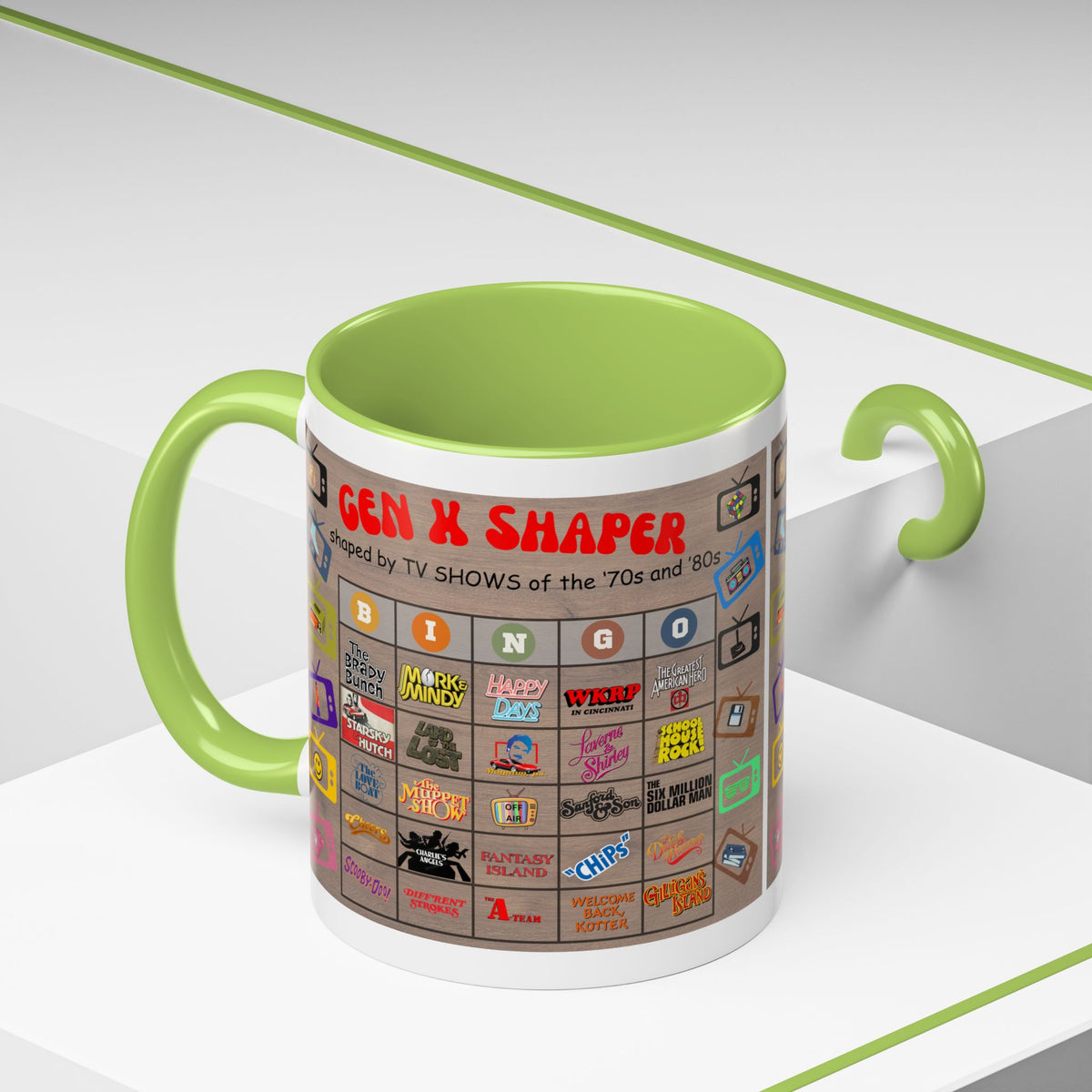 Gen X 70s & 80s TV Shows Bingo Mug | 11 oz Retro Accent Cup