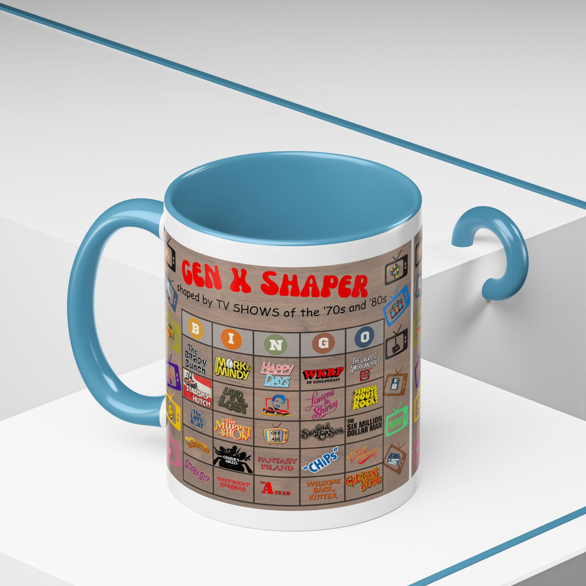 Gen X 70s & 80s TV Shows Bingo Mug | 11 oz Retro Accent Cup