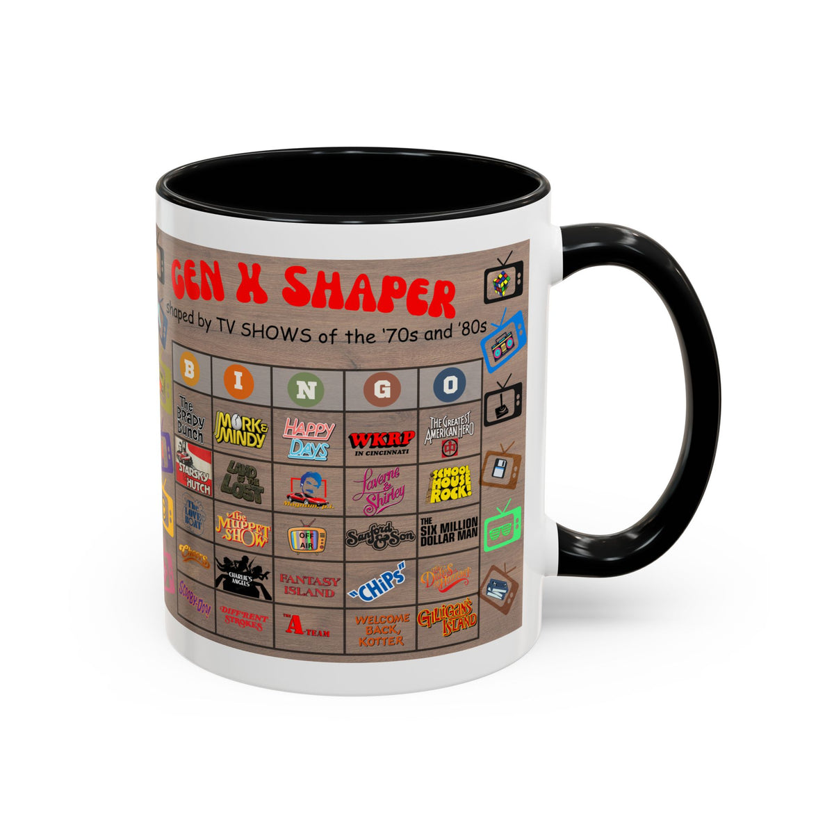 Gen X 70s & 80s TV Shows Bingo Mug | 11 oz Retro Accent Cup