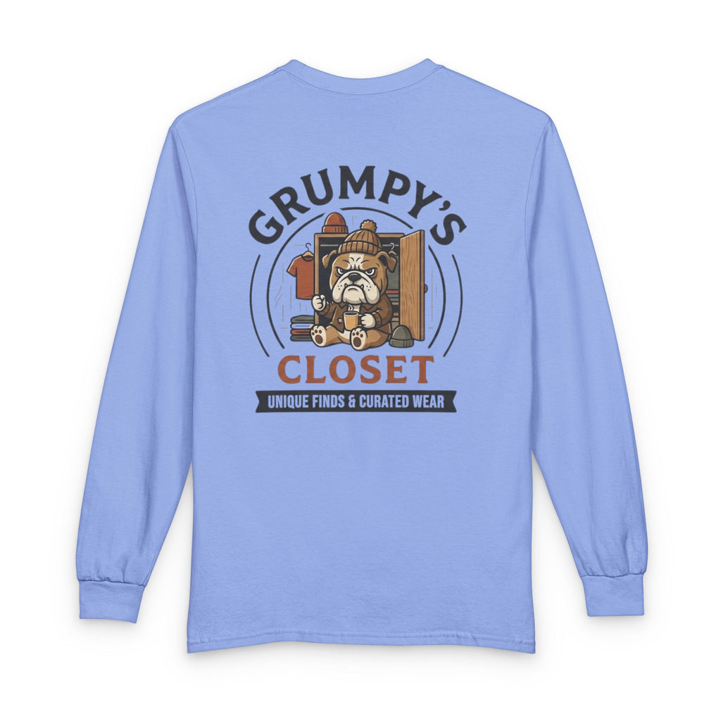 Grumpy's Closet Long Sleeve Tee — Vintage Bulldog Logo, 'Unique Finds & Curated Wear'