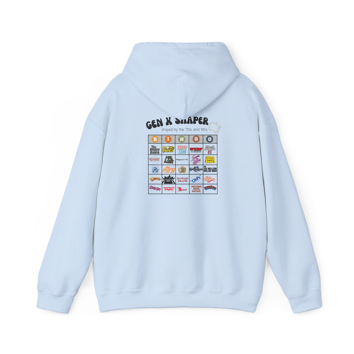 Gen X 70s & 80s TV Shows Bingo Hoodie | Retro Nostalgia Sweatshirt