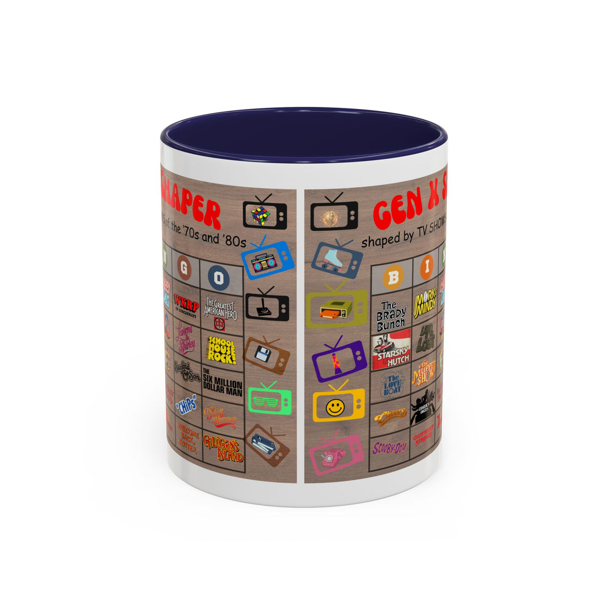 Gen X 70s & 80s TV Shows Bingo Mug | 11 oz Retro Accent Cup