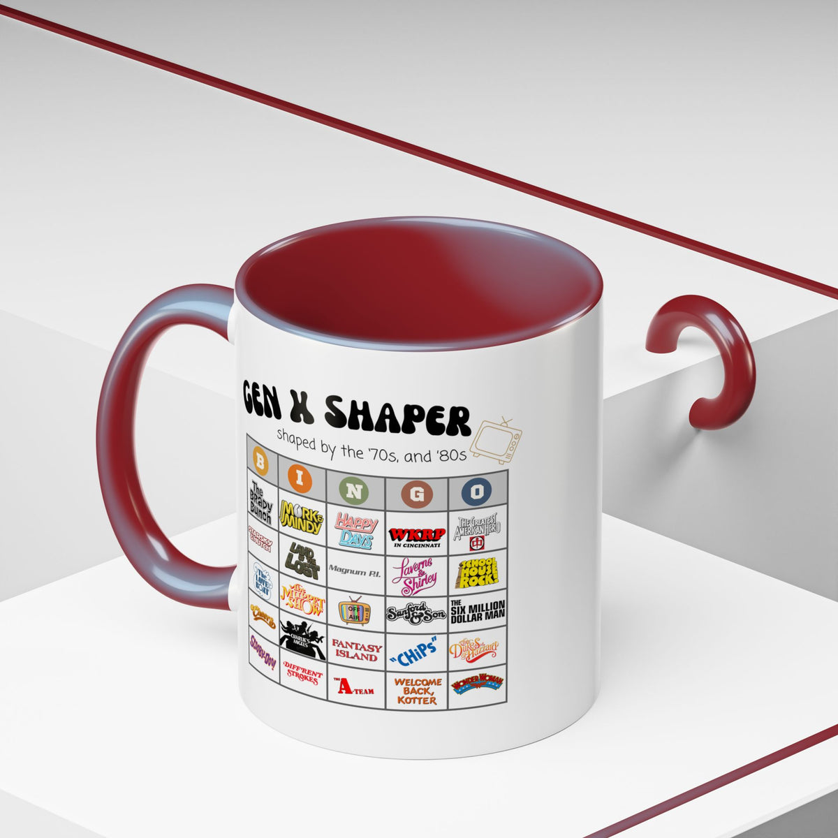Gen X 70s & 80s TV Shows Bingo Mug | Retro Nostalgia Coffee Cup