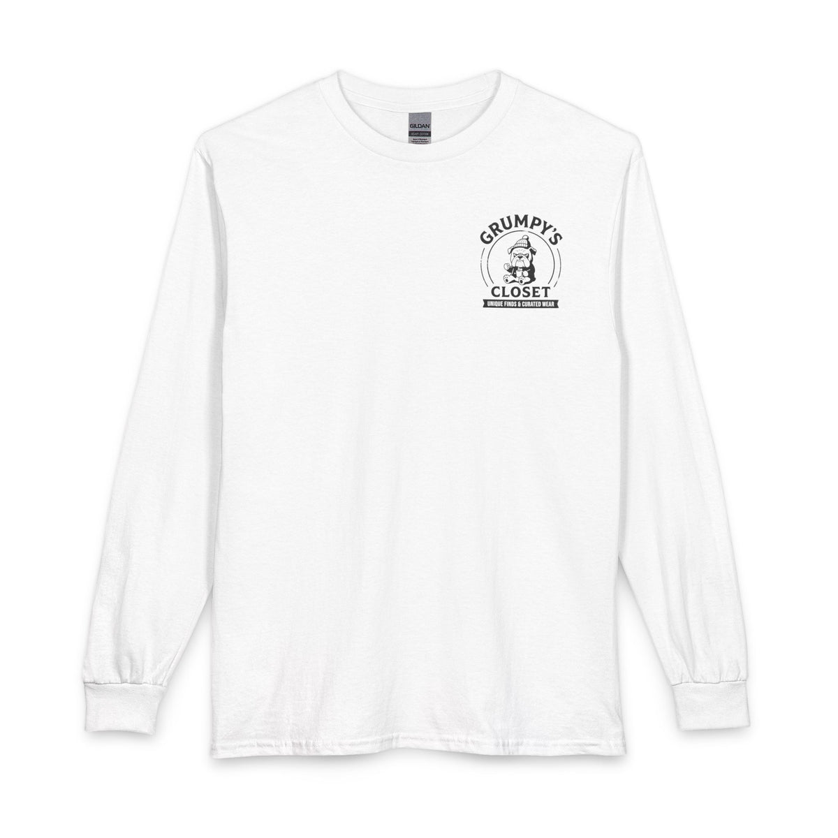Grumpy's Closet Long Sleeve Tee — Vintage Bulldog Logo, 'Unique Finds & Curated Wear'