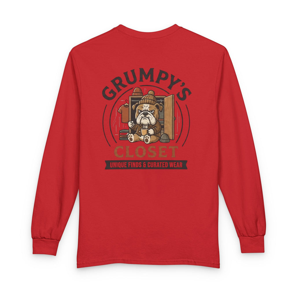 Grumpy's Closet Long Sleeve Tee — Vintage Bulldog Logo, 'Unique Finds & Curated Wear'