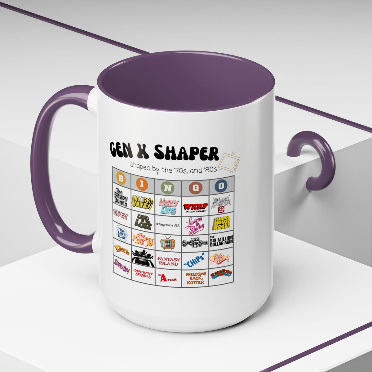 Gen X 70s & 80s TV Shows Bingo Mug | Retro Nostalgia Coffee Cup