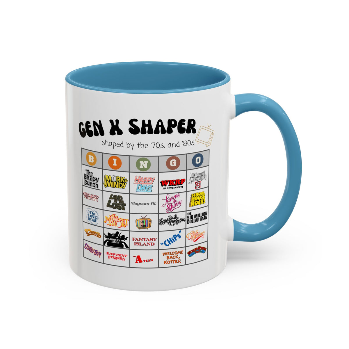 Gen X 70s & 80s TV Shows Bingo Mug | Retro Nostalgia Coffee Cup