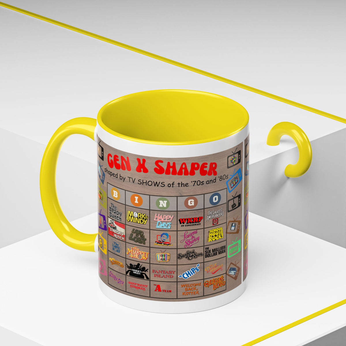 Gen X 70s & 80s TV Shows Bingo Mug | 11 oz Retro Accent Cup