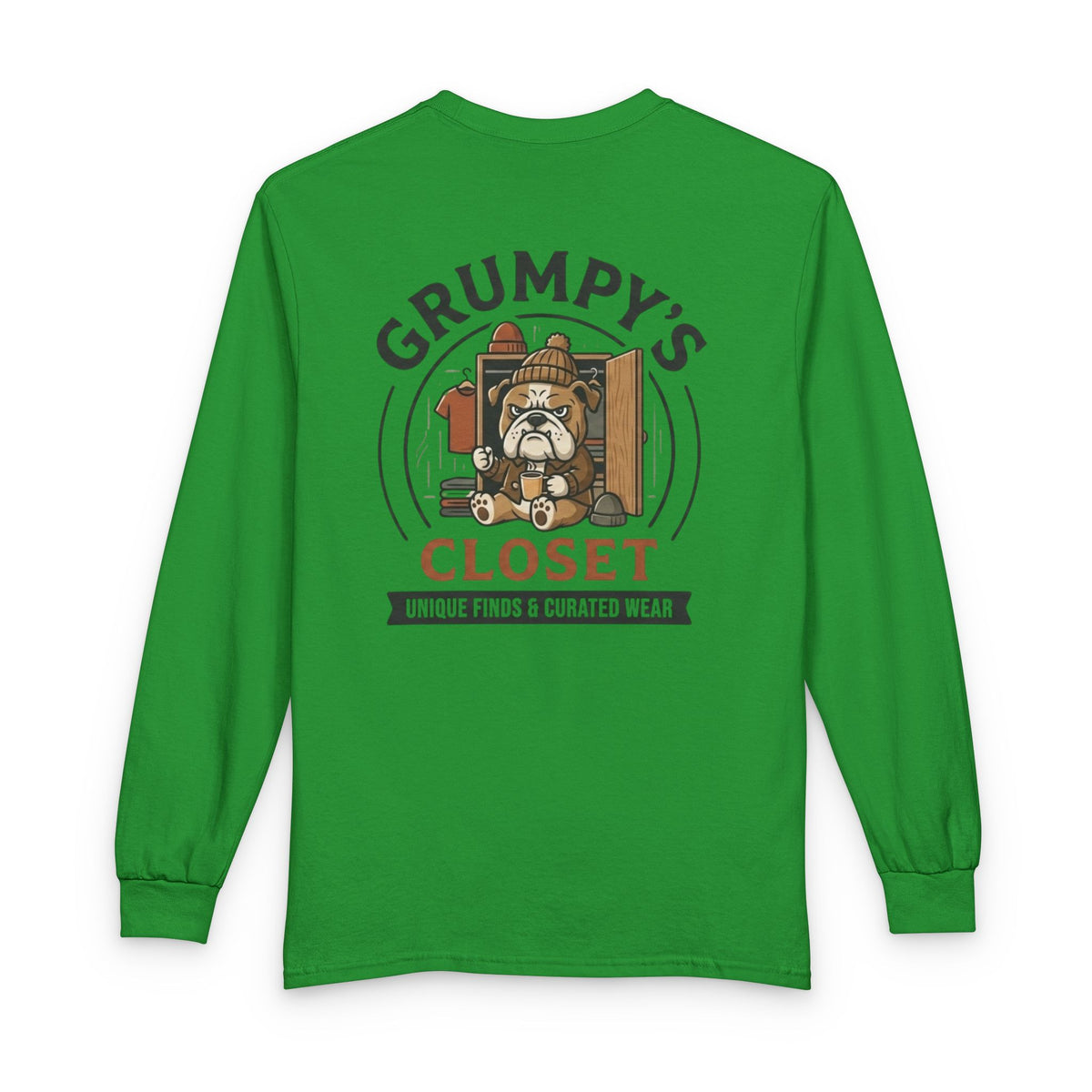 Grumpy's Closet Long Sleeve Tee — Vintage Bulldog Logo, 'Unique Finds & Curated Wear'
