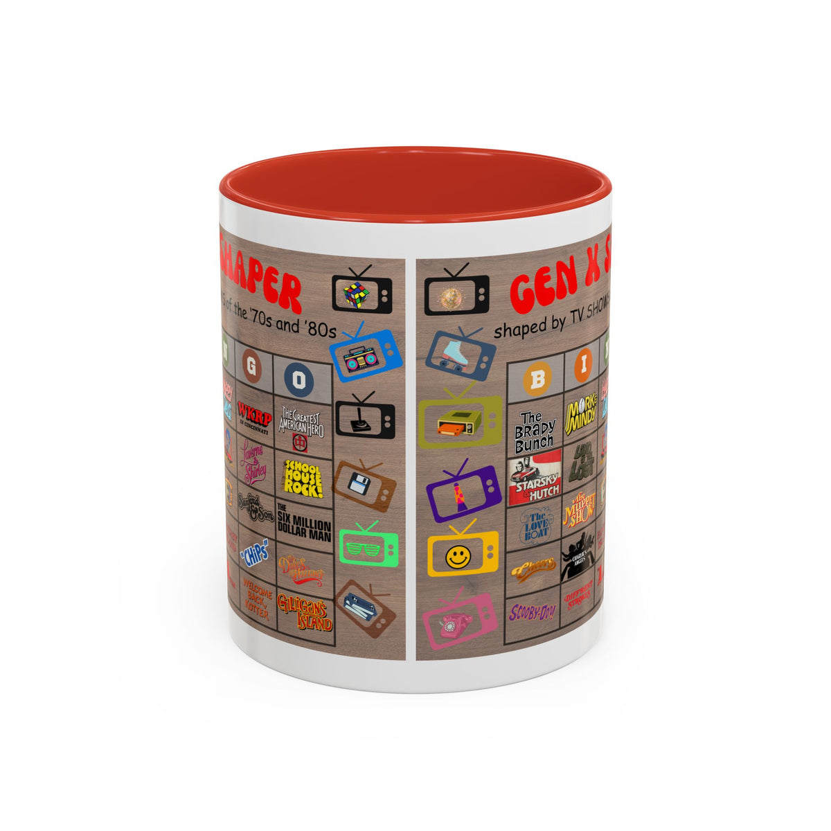 Gen X 70s & 80s TV Shows Bingo Mug | 11 oz Retro Accent Cup