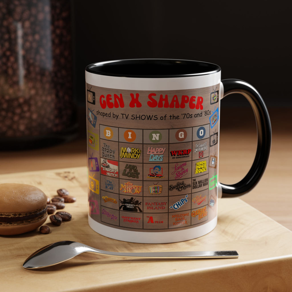 Gen X 70s & 80s TV Shows Bingo Mug | 11 oz Retro Accent Cup