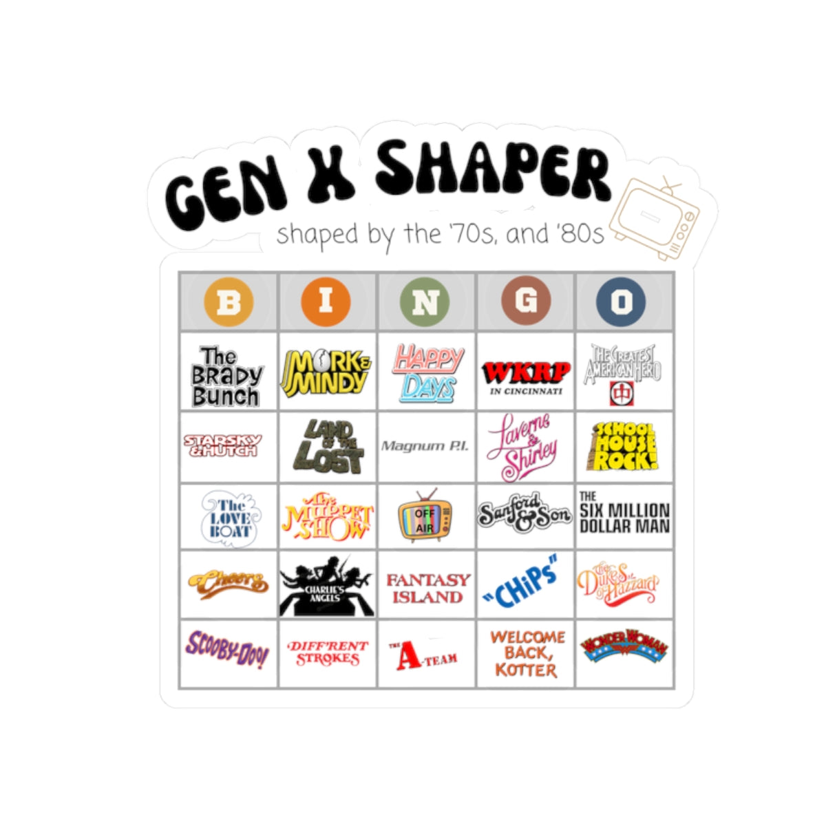 Gen X 70s & 80s TV Shows Bingo Stickers | Retro Nostalgia Decal