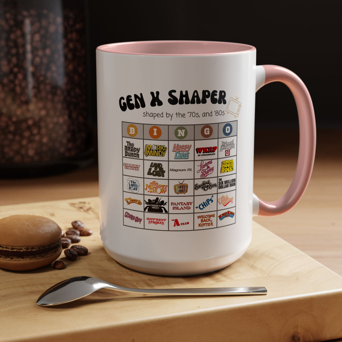 Gen X 70s & 80s TV Shows Bingo Mug | Retro Nostalgia Coffee Cup