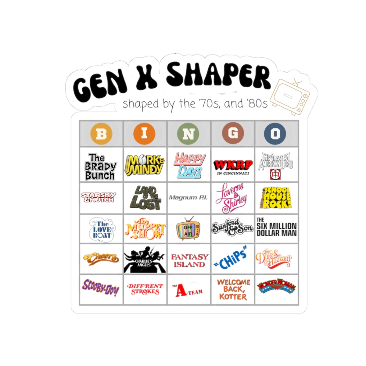 Gen X 70s & 80s TV Shows Bingo Stickers | Retro Nostalgia Decal